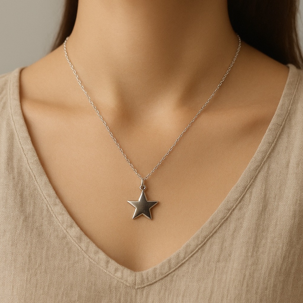 Silver Star Pendant Necklace 18” Chain‎ | Handmade Silver-Plated Jewelry